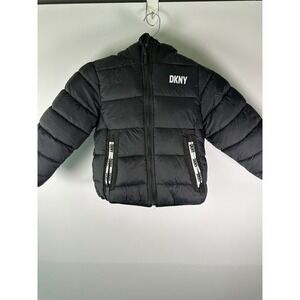DKNY Jacket Kids 5/6 Reversible Puffer Hooded Insulated Black Gray Sherpa Lined